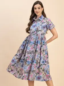 Moomaya Floral Print Shirt Cotton Midi Dress