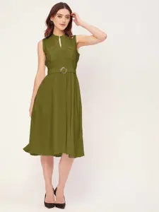 Moomaya Sleeveless Band Collar Fit & Flare Midi Dress