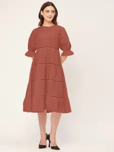 Moomaya Round Neck Short Sleeves Knee Length Tiered Dress