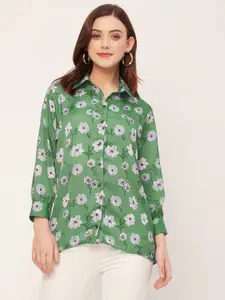 Moomaya Floral Printed Long Sleeves Spread Collar Satin Casual Shirt