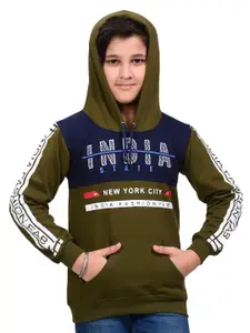 BAESD Boys Green Typography Printed Full Sleeve Hooded Sweatshirt