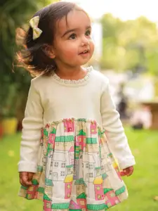 Somersault Girls Round Neck Conversational Printed Cotton Fit & Flare Dress