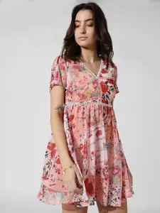 ONLY Floral Printed V-Neck Chiffon Fit & Flare Dress