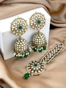 Peora Gold-Plated Kundan Studded Earrings & Maangtikka Jewellery Set