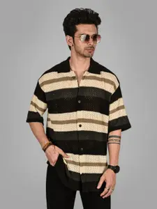 Powerlook Horizontal Stripes Spread Collar Long Sleeves Semi Sheer Cotton Casual Shirt