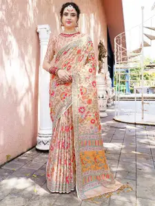 Anouk Cream Coloured & Red Woven Design Floral Designer Saree