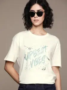 The Roadster Lifestyle Co. Women Typography Printed Drop-Shoulder Sleeves Cotton T-shirt