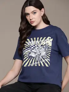 The Roadster Lifestyle Co. Printed Drop-Shoulder Sleeves Pure Cotton Relaxed Fit T-shirt