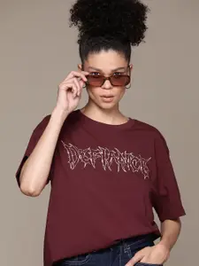 The Roadster Lifestyle Co. Printed Drop-Shoulder Sleeves Pure Cotton Oversized T-shirt