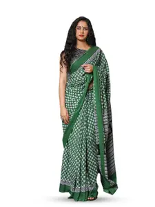 KIAARON Green & White Ethnic Motifs Block Printed Saree