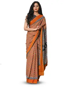 KIAARON Mustard & White Ethnic Motifs Block Printed Saree