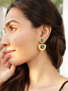 Rubans Voguish 18K Gold-Plated Emerald Green Studded Textured Geometric Drop Earrings