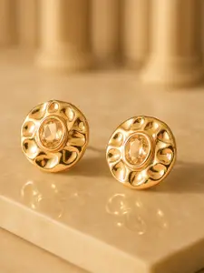 Rubans Voguish 18k Gold Plated Textured Round Stud Earrings with Yellow Crystal Stone