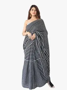 KIAARON Striped Pure Cotton Block Print Saree