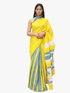 KIAARON Striped Pure Cotton Half and Half Block Print Saree