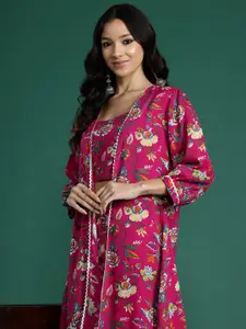 Sangria Floral Print Gotta Patti Top with Palazzos & Ethnic Jacket