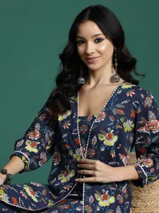 Sangria Floral Print Gotta Patti Top with Palazzos & Ethnic Jacket