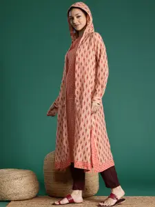 Sangria Printed Straight Kurta with Hooded Shrug