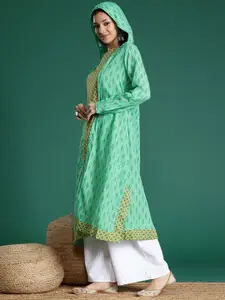 Sangria Printed Straight Kurta with Hooded Shrug