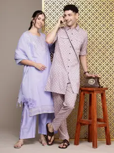 House of Pataudi Men Printed Pure Cotton Jashn  Style Kurta with Trousers