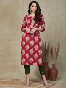 FASHOR Floral Printed Sequinned Notch Neck Regular Sleeves Cotton Straight Fit Kurta