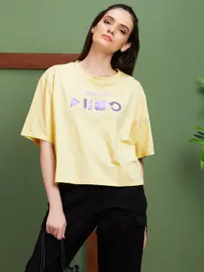 Globus Yellow Typography Round Neck Cotton Boxy Fit Casual T-Shirt