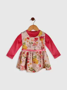 BAESD Pink Floral Printed Round Neck Satin Fit & Flare Dress