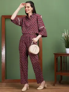Globus Burgundy Printed Pure Cotton Crop Top With Trouser