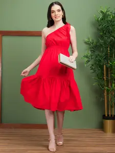 Globus Red Fit & Flare Cotton Midi Party Dress