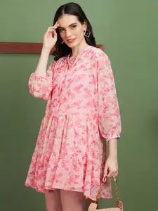 Globus Pink Floral Print Georgette A-Line Dress