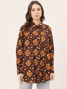 Moomaya Geometric Printed Spread Collar Longline Casual Shirt