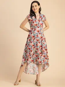 Moomaya Floral Printed Mandarin Collar Fit & Flare Midi Dress