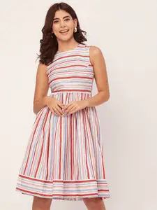 Moomaya Round Neck Sleeveless Cotton Striped Fit & Flare Dress