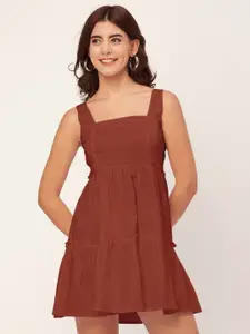 Moomaya Square Neck Sleeveless Cotton Tiered Fit & Flare Mini Dress