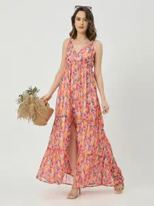 Moomaya Floral Printed V-Neck Sleeveless Cut-Outs Tiered Maxi Dress