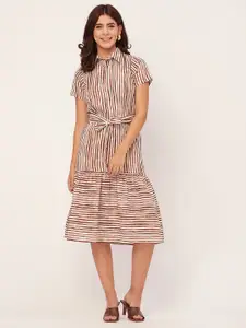 Moomaya White Striped Shirt Collar Short Sleeves A-Line Midi Dress