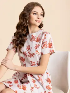 Moomaya Floral Printed Round Neck Asymmetric Fit & Flare Dress