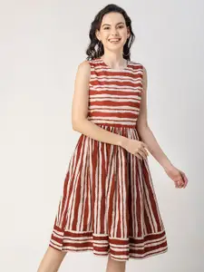 Moomaya Round Neck Sleeveless Cotton Striped Fit & Flare Dress