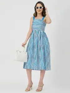 Moomaya Striped Shoulder Straps Fit & Flare Midi Dress