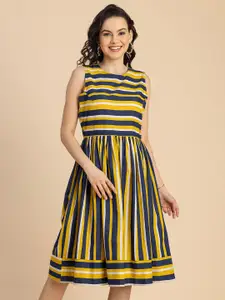 Moomaya Striped Printed Round Neck Fit & Flare Dress