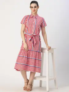 Moomaya Striped Cotton Flared Shirt Midi Dress