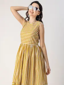 Moomaya Striped Round Sleeveless Fit & Flare Midi Dress