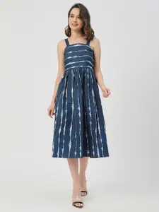 Moomaya Shoulder Straps Print Striped Cotton Fit & Flare Midi Dress