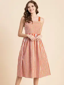 Moomaya White Striped Shoulder Straps Fit & Flare Midi Dress