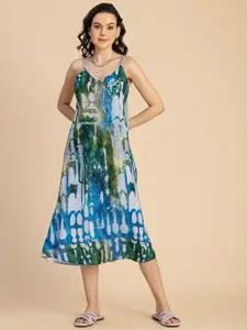 Moomaya Shoulder Straps Tie and Dye Print A-Line Midi Dress