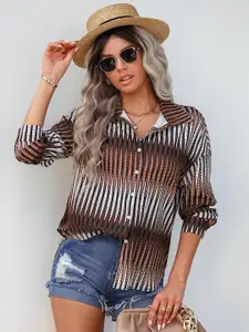 StyleCast Brown & White Striped Printed Casual Shirt