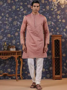 House of Pataudi Coral Floral Embroidered Mandarin Collar Straight Kurta