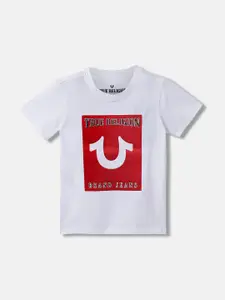 True Religion Boys White Sports Printed V-Neck Applique T-shirt