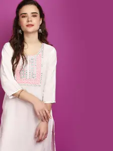 V-Mart Geometric Yoke Design Round Neck Three-Quarter Sleeves Thread Work Cotton Kurta