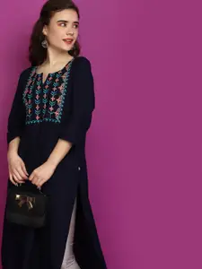V-Mart Floral Embroidered Thread Work Cotton Kurta